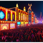 **A vibrant cityscape at night, illuminated by colorful LED lights. Focus on a festival scene with red and yellow hues, showcasing the festive atmosphere.**