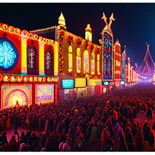 Home 19 **A vibrant cityscape at night, illuminated by colorful LED lights. Focus on a festival scene with red and yellow hues, showcasing the festive atmosphere.**