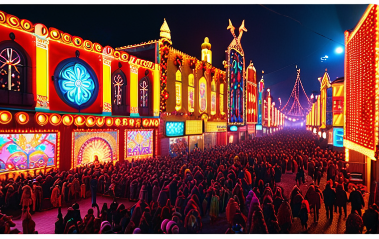 **A vibrant cityscape at night, illuminated by colorful LED lights. Focus on a festival scene with red and yellow hues, showcasing the festive atmosphere.**