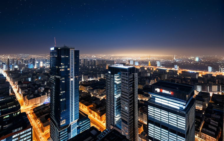 A breathtaking cityscape at night, viewed from a high vantage point, under a remarkably clear and vast dark blue sky. The city lights below shimmer with exceptional clarity, reflecting off clean, modern buildings. The atmosphere is crisp and clean, suggesting excellent air quality after a recent rain or during a cold winter night. A faint hint of distant stars is visible in the upper sky, showcasing the clarity. The architecture is sophisticated and well-defined, with soft, ambient lighting creating a sense of tranquility. Professional photography, high detail, atmospheric perspective, safe for work, appropriate content, fully clothed, family-friendly, perfect anatomy, correct proportions, natural composition.