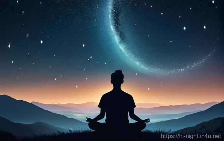 야경 감상과 명상 - **Prompt:** A serene, gender-neutral figure in comfortable, loose-fitting clothing, meditating peace...