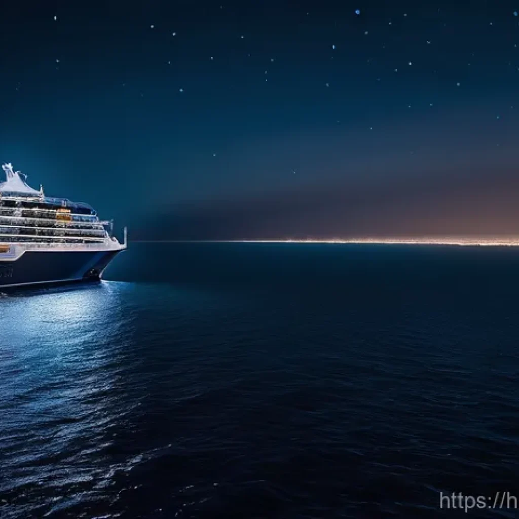 유람선에서 본 야경 - "A picturesque night scene from a cruise ship, overlooking the vast, dark ocean. The cruise's warm, ...