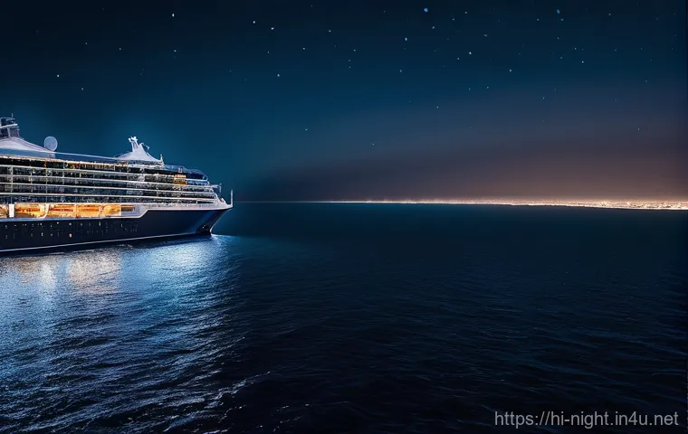 유람선에서 본 야경 - "A picturesque night scene from a cruise ship, overlooking the vast, dark ocean. The cruise's warm, ...
