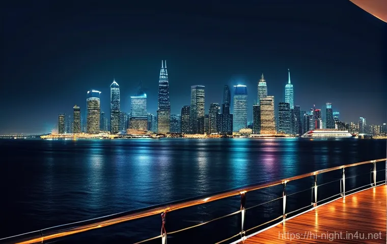 유람선에서 본 야경 - "A picturesque night scene from a cruise ship, overlooking the vast, dark ocean. The cruise's warm, ...