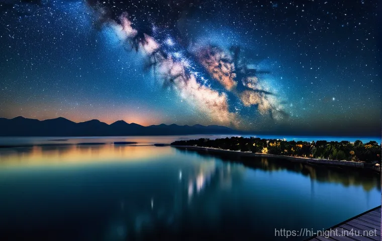 유람선에서 본 야경 - "A breathtaking long-distance view of a glittering city skyline at night, as seen from the tranquil ...