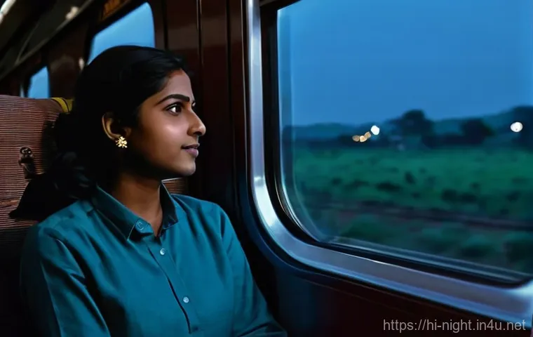 야경 테마 열차 여행 - **"A serene night journey aboard an Indian train, viewed from the window of a clean, cozy compartmen...