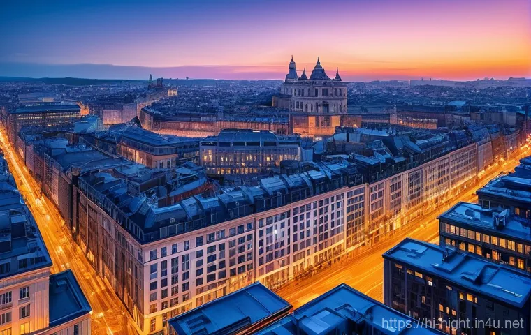 야경을 찍기 좋은 시간대 - **"A breathtaking blue hour cityscape with a prominent, iconic architectural landmark (e.g., a monum...