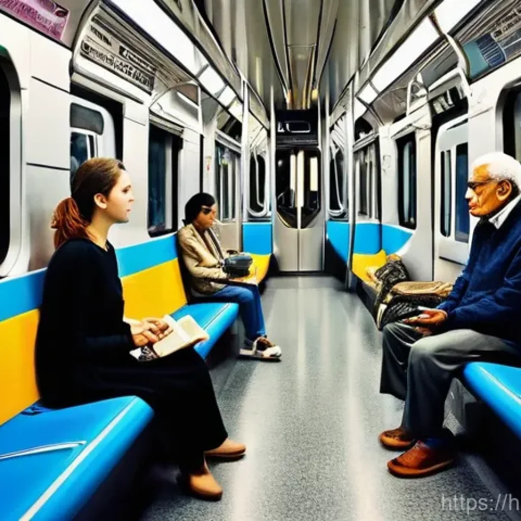 야경 명소 대중교통 접근 - **Urban Metro Night Journey:** A candid shot inside a clean, modern metro train at night. The focus ...