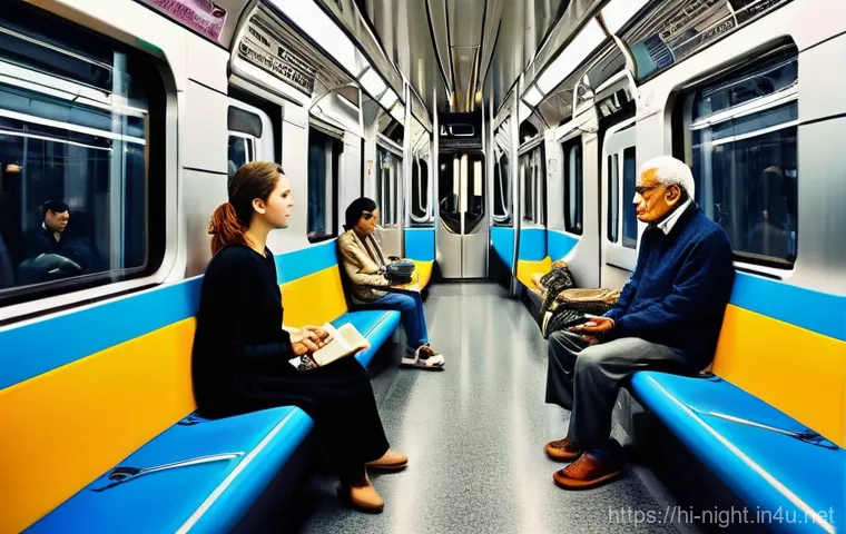 야경 명소 대중교통 접근 - **Urban Metro Night Journey:** A candid shot inside a clean, modern metro train at night. The focus ...