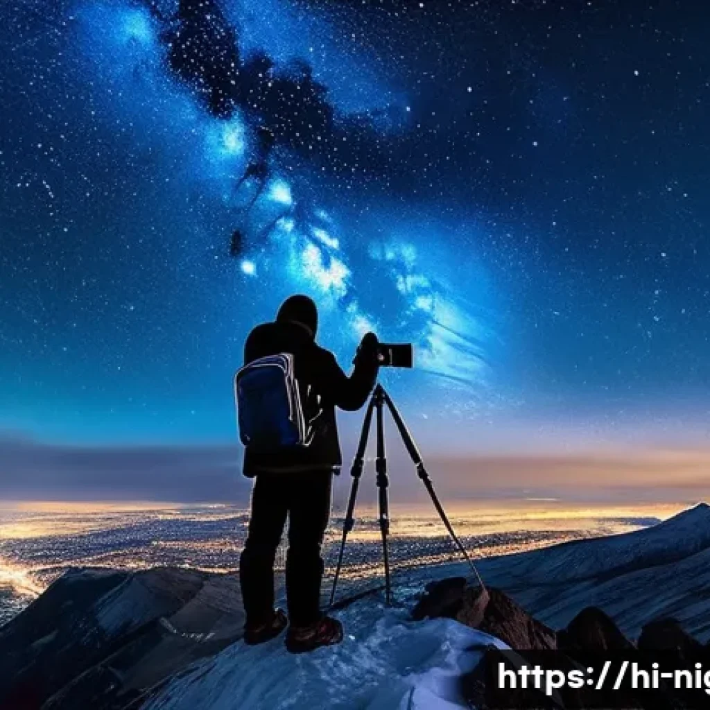 야경 촬영용 리모트 셔터 - **Starry Night Photography with Remote Shutter**
    "A male photographer, wearing a warm winter jac...