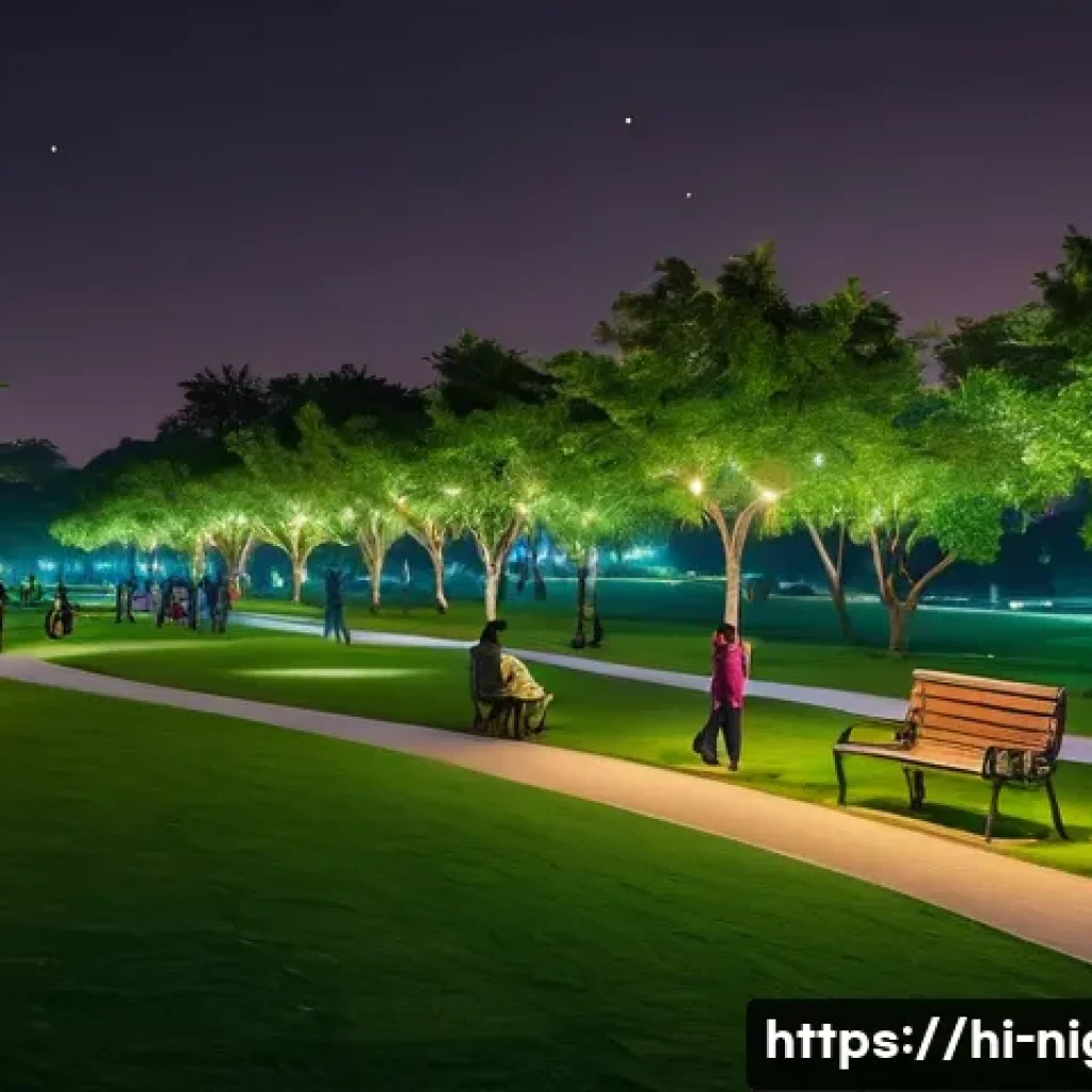 야경과 도시계획 - A vibrant nighttime urban park scene in an Indian city, illuminated by warm, soft LED lighting along...