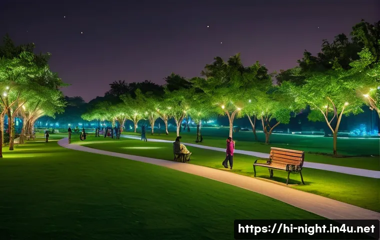 야경과 도시계획 - A vibrant nighttime urban park scene in an Indian city, illuminated by warm, soft LED lighting along...