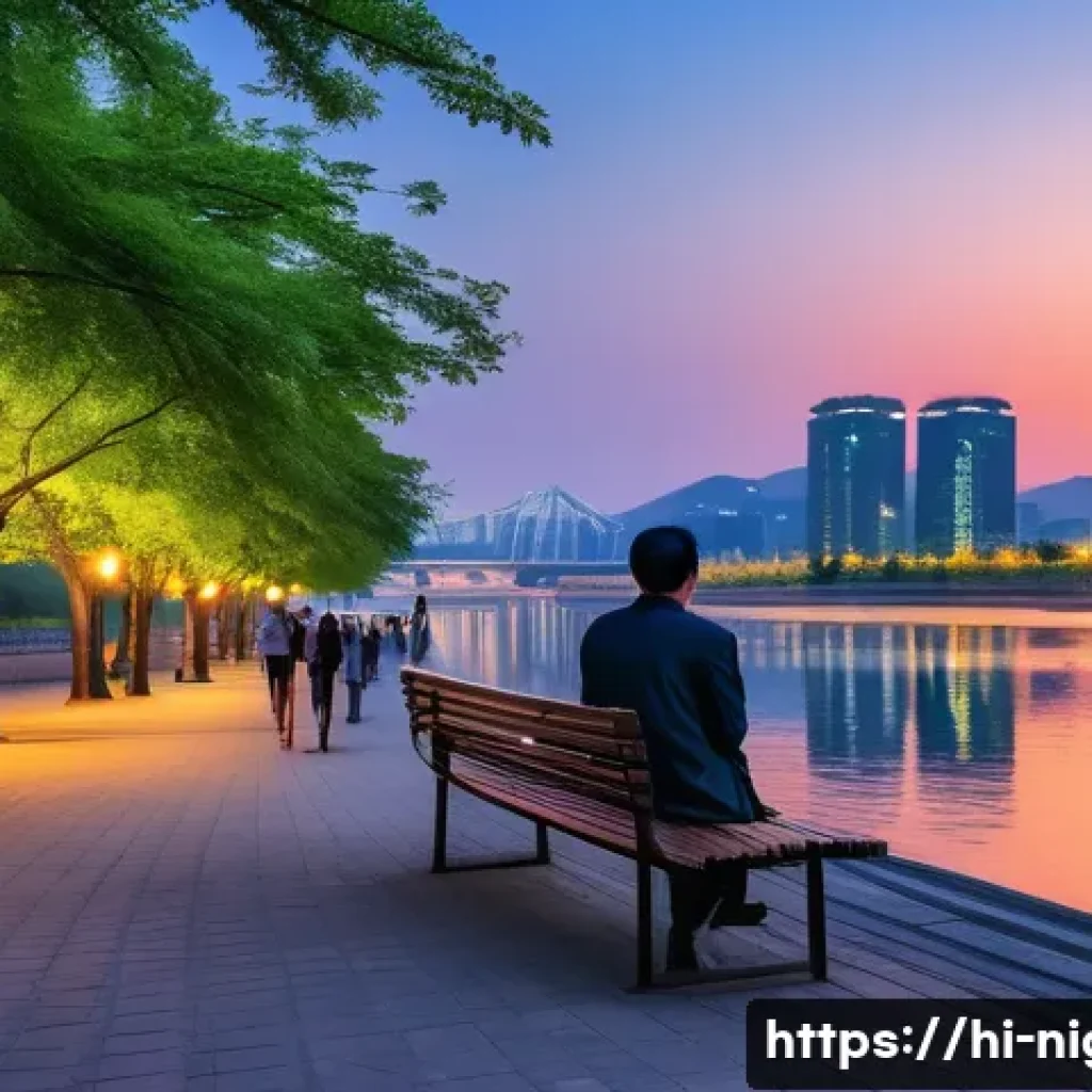 한강 야경 명소 - A serene evening scene by the Han River featuring a calm riverbank with gentle rippling water reflec...