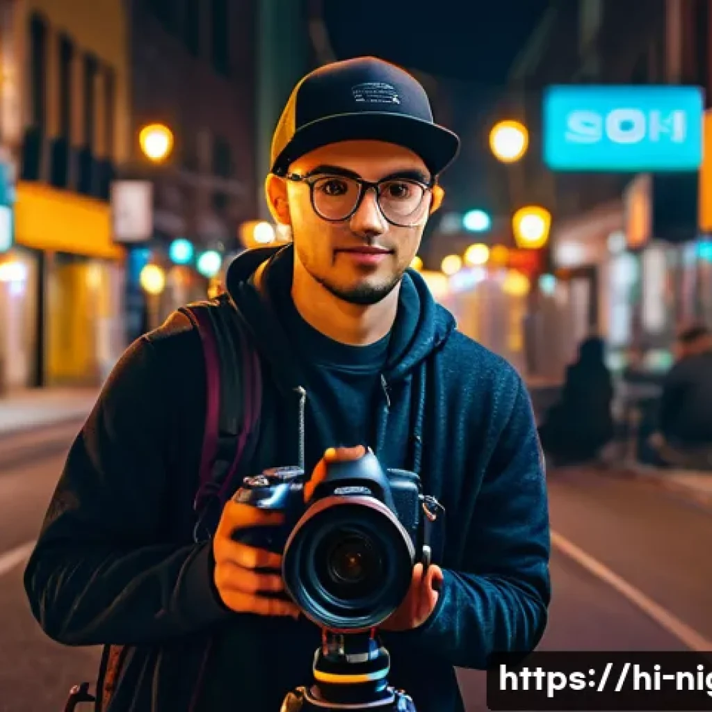 야경 브이로그 촬영 - A professional night vlogging setup featuring a DSLR camera with manual settings, mounted on a smoot...