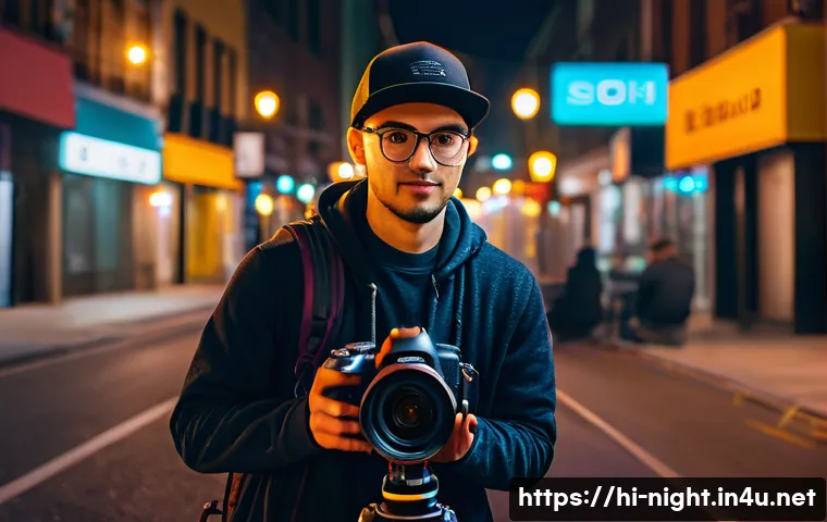 야경 브이로그 촬영 - A professional night vlogging setup featuring a DSLR camera with manual settings, mounted on a smoot...