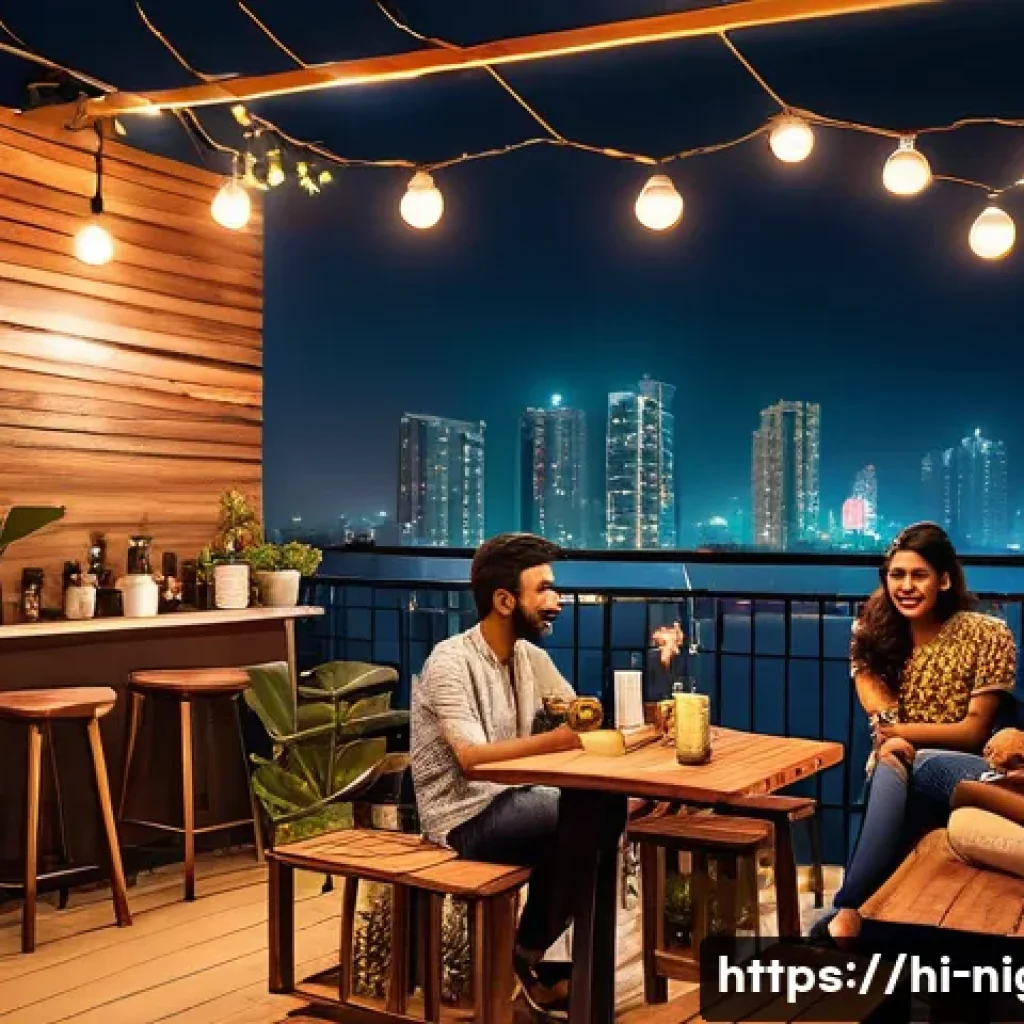 야경을 감상할 수 있는 카페 - A cozy rooftop café scene in Mumbai’s Bandra West during nighttime, featuring a small group of young...