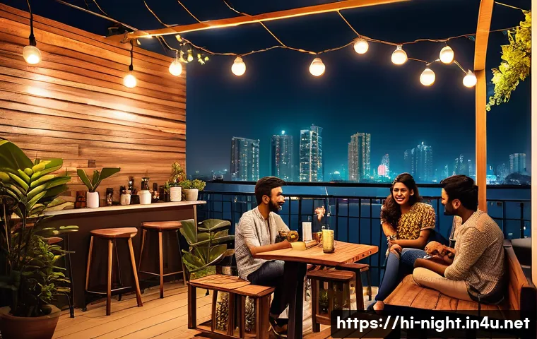 야경을 감상할 수 있는 카페 - A cozy rooftop café scene in Mumbai’s Bandra West during nighttime, featuring a small group of young...