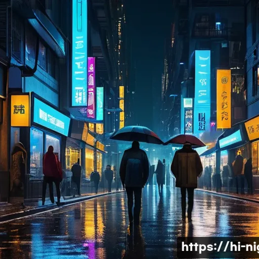 야경을 주제로 한 영화 - A vibrant urban nightscape featuring glowing city streets illuminated by a mix of warm yellow and co...