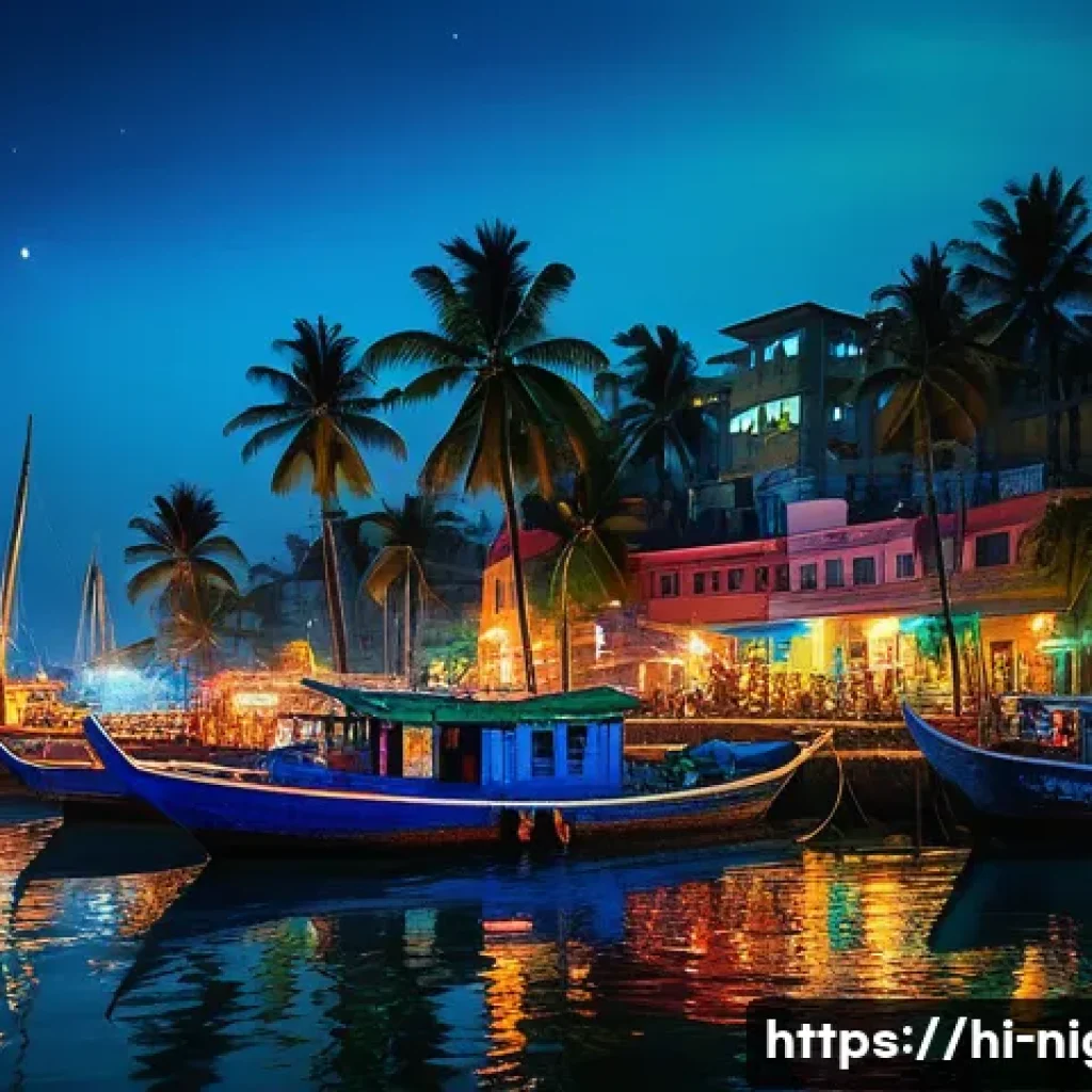 야경이 아름다운 항구 도시 - A vibrant nighttime harbor scene in an Indian coastal city, featuring colorful lights in red, blue, ...