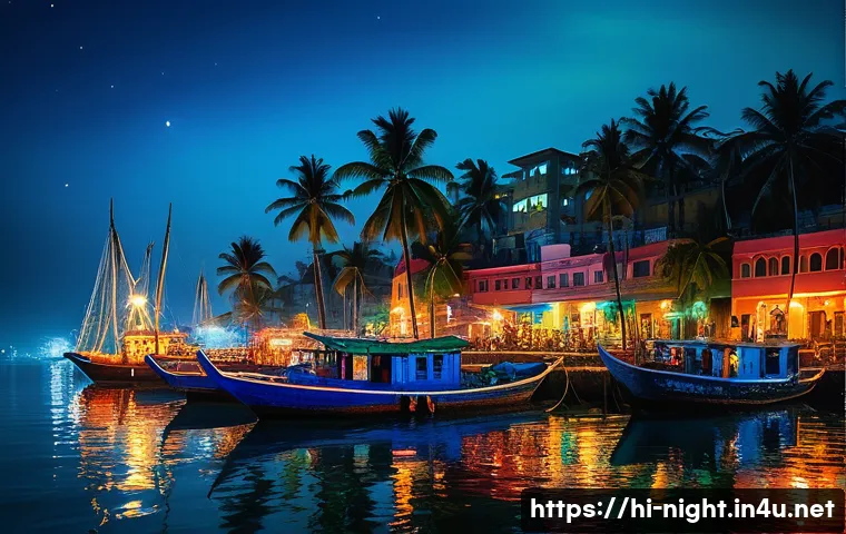 야경이 아름다운 항구 도시 - A vibrant nighttime harbor scene in an Indian coastal city, featuring colorful lights in red, blue, ...