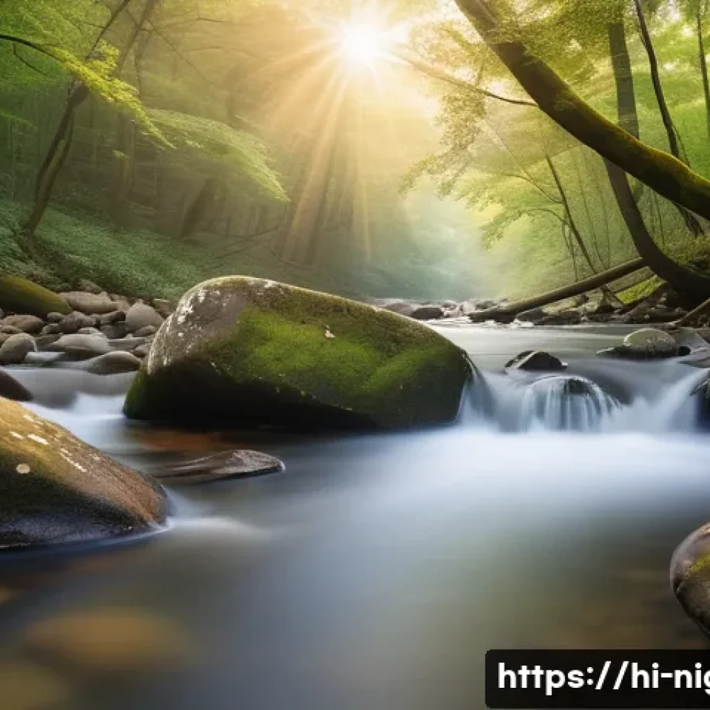 장노출 사진 촬영법 - A serene natural landscape at dawn captured with long exposure photography: silky smooth flowing wat...