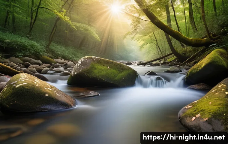 장노출 사진 촬영법 - A serene natural landscape at dawn captured with long exposure photography: silky smooth flowing wat...