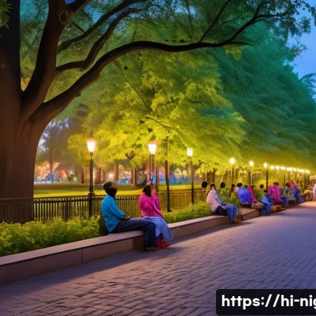 야경이 아름다운 공원 - A serene evening park scene capturing the cool, fresh air with tall, leafy trees gently swaying, sma...