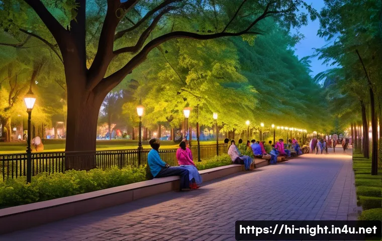 야경이 아름다운 공원 - A serene evening park scene capturing the cool, fresh air with tall, leafy trees gently swaying, sma...