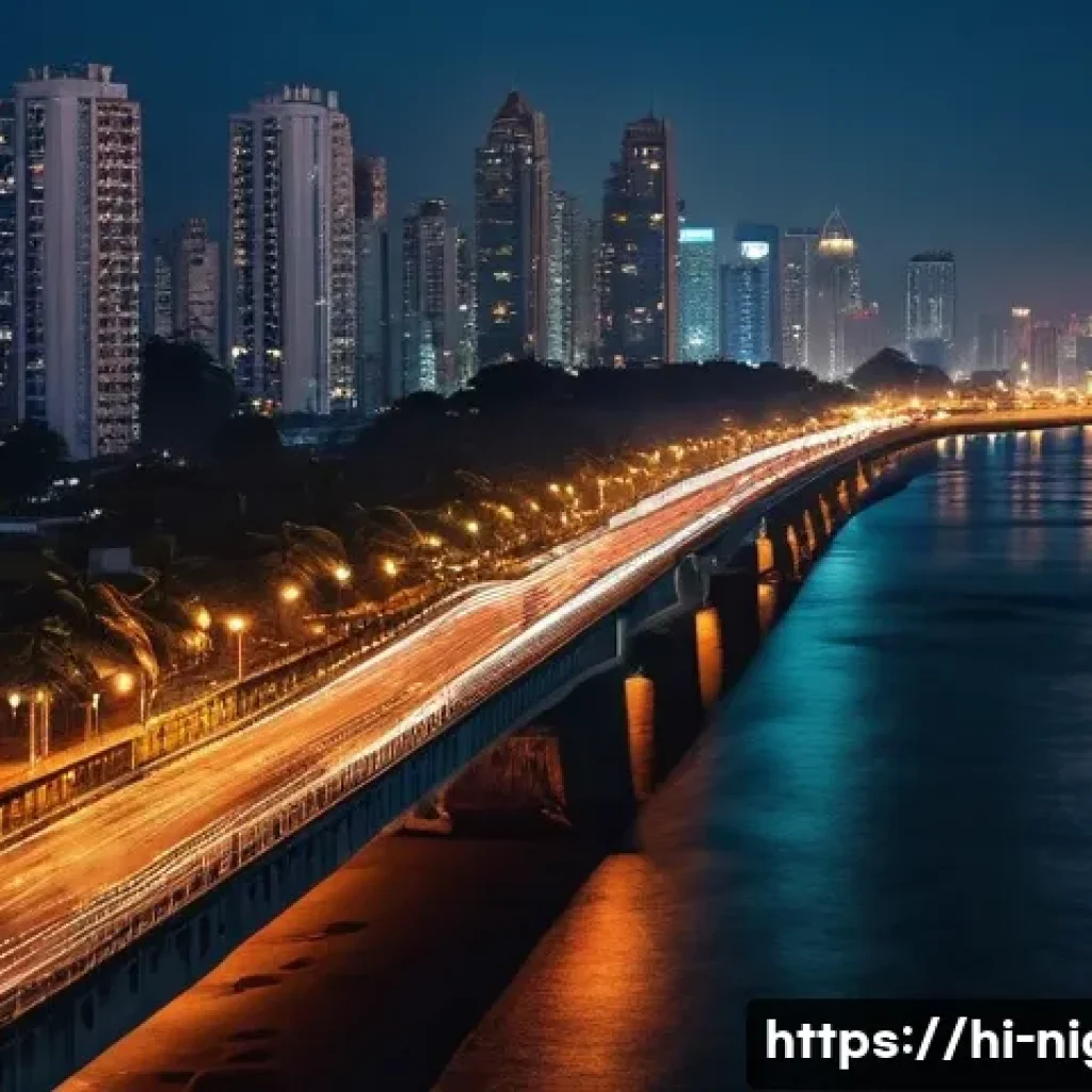 야경을 활용한 여행지 홍보 - A vibrant night scene of Marine Drive in Mumbai, showcasing the glittering city lights reflecting on...