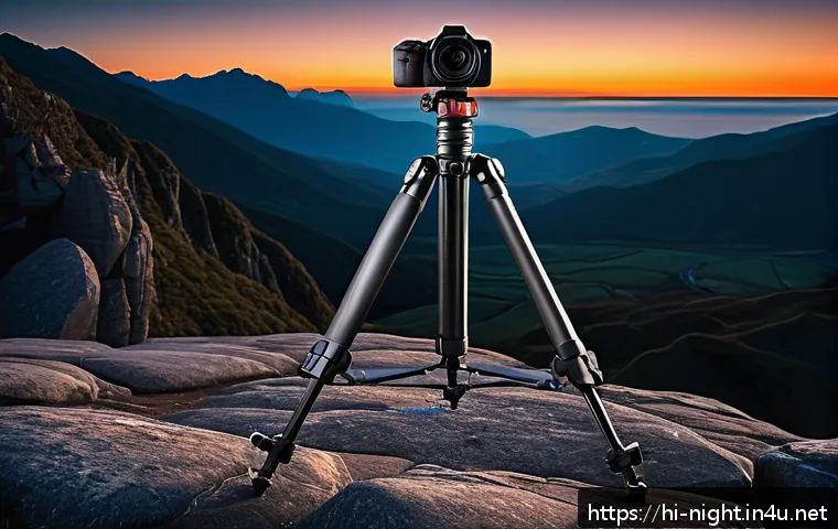 야경 촬영용 삼각대 추천 - A professional night photography setup featuring a sturdy carbon fiber tripod with adjustable height...