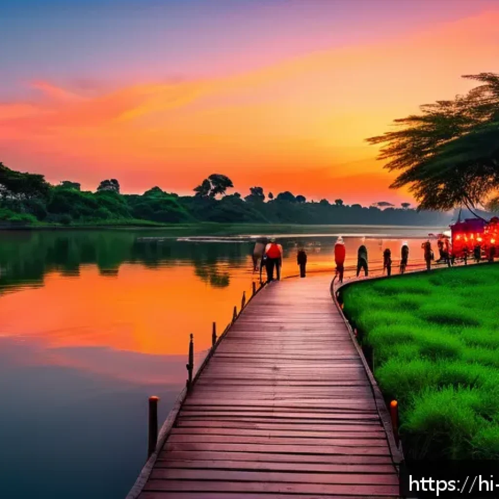 야경이 아름다운 강변 산책로 - A serene riverside evening scene during sunset with a vibrant red and orange sky reflecting on calm ...