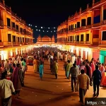 야경을 테마로 한 전시회 - A vibrant nighttime cityscape of an Indian metropolis during Diwali festival, showcasing streets and...