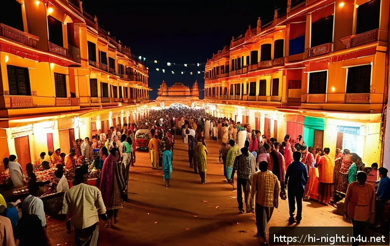 야경을 테마로 한 전시회 - A vibrant nighttime cityscape of an Indian metropolis during Diwali festival, showcasing streets and...