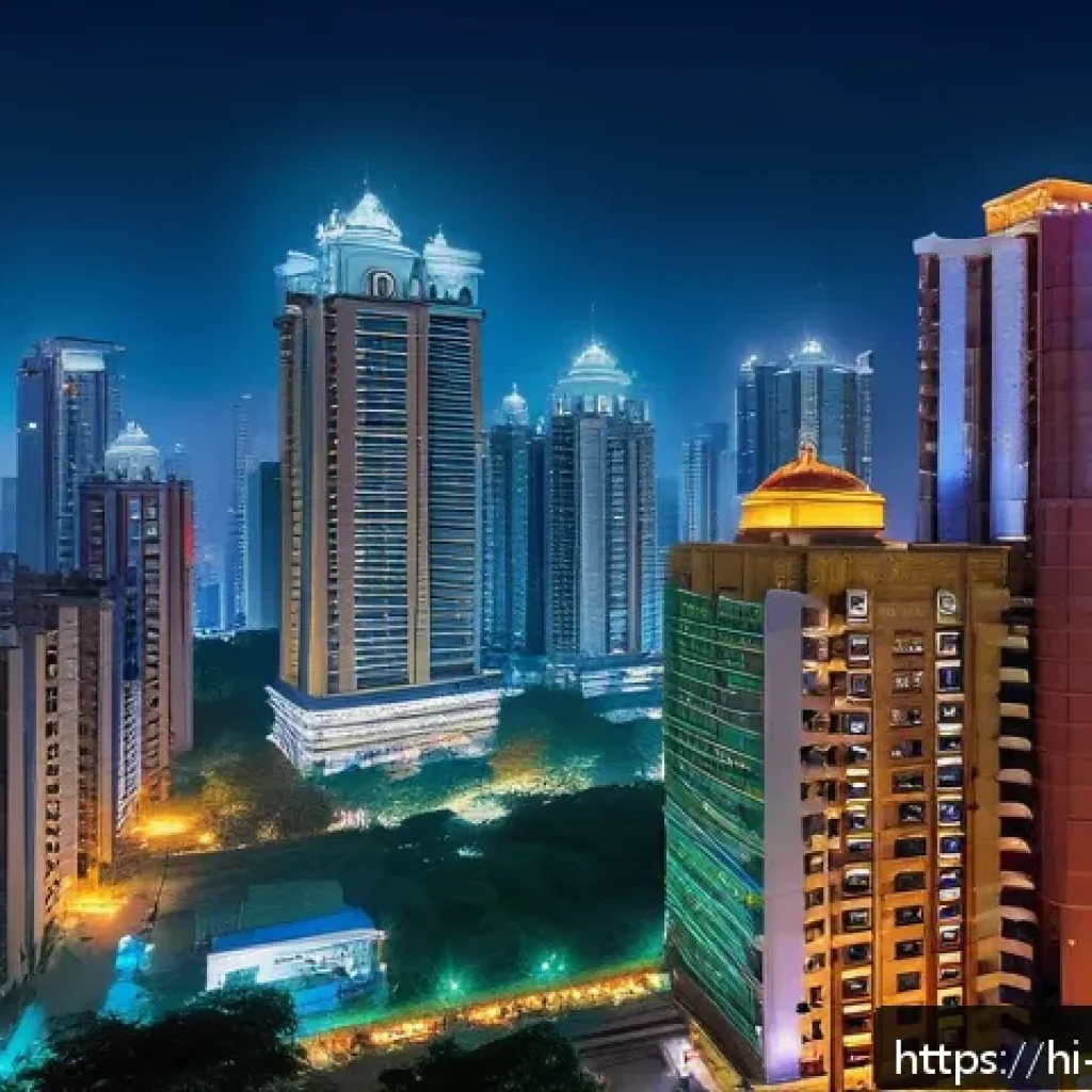 야경 속 고층빌딩 조명 변화 - A vibrant modern cityscape at night featuring tall skyscrapers adorned with dynamic smart lighting s...