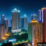 야경 속 고층빌딩 조명 변화 - A vibrant modern cityscape at night featuring tall skyscrapers adorned with dynamic smart lighting s...