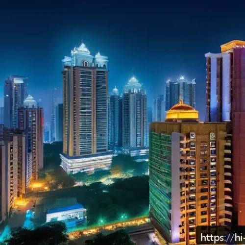 야경 속 고층빌딩 조명 변화 - A vibrant modern cityscape at night featuring tall skyscrapers adorned with dynamic smart lighting s...