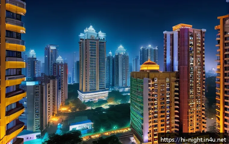 야경 속 고층빌딩 조명 변화 - A vibrant modern cityscape at night featuring tall skyscrapers adorned with dynamic smart lighting s...
