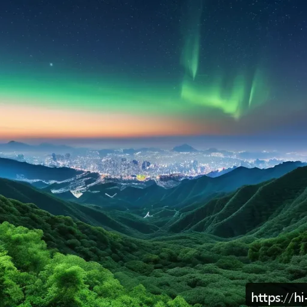 광주 무등산 야경 - A serene night scene atop Mudongsan mountain, showcasing the harmonious blend of lush green hills so...