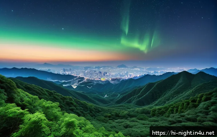 광주 무등산 야경 - A serene night scene atop Mudongsan mountain, showcasing the harmonious blend of lush green hills so...