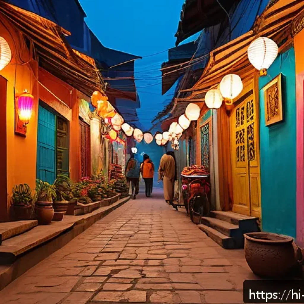 야경과 야시장 투어 - A vibrant evening street scene in an Indian city, colorful alleys illuminated with warm, multicolore...