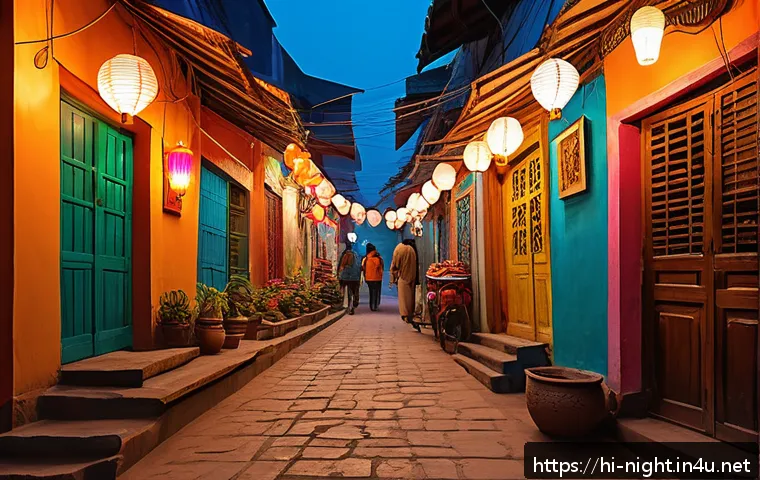 야경과 야시장 투어 - A vibrant evening street scene in an Indian city, colorful alleys illuminated with warm, multicolore...