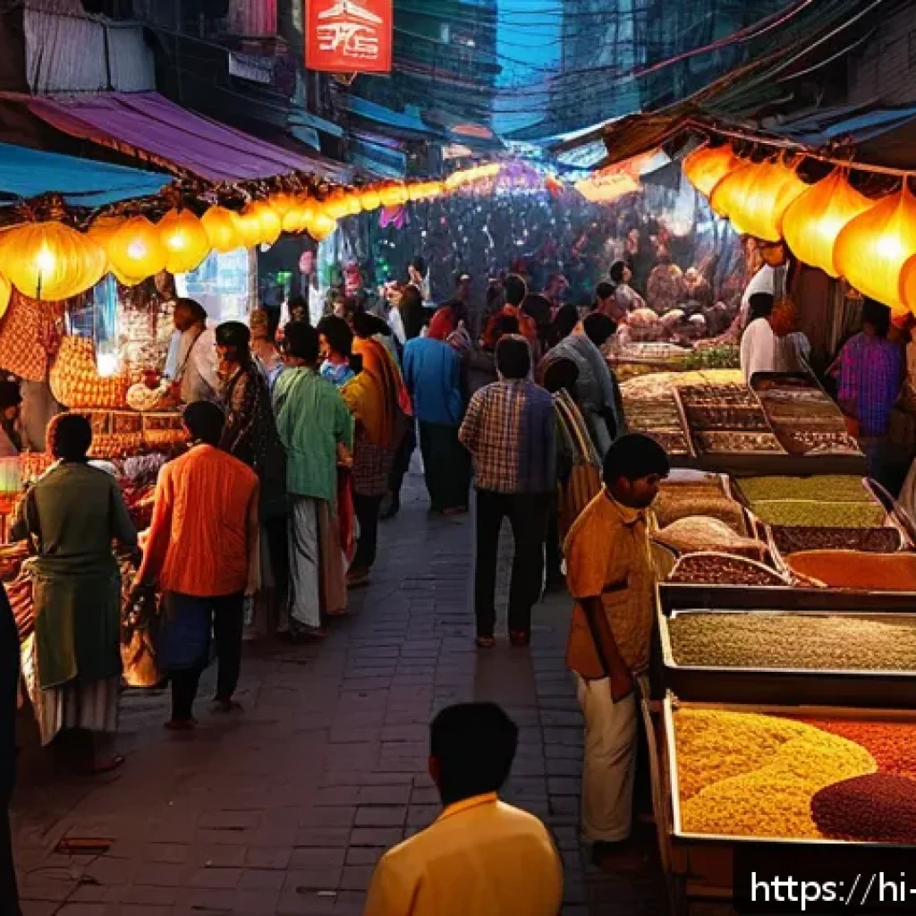 야경 포토스팟 추천 - A vibrant nighttime street market scene in an Indian city, bustling with crowds wearing traditional ...