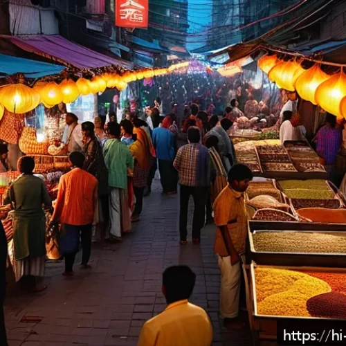 야경 포토스팟 추천 - A vibrant nighttime street market scene in an Indian city, bustling with crowds wearing traditional ...