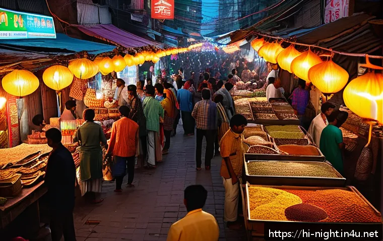 야경 포토스팟 추천 - A vibrant nighttime street market scene in an Indian city, bustling with crowds wearing traditional ...