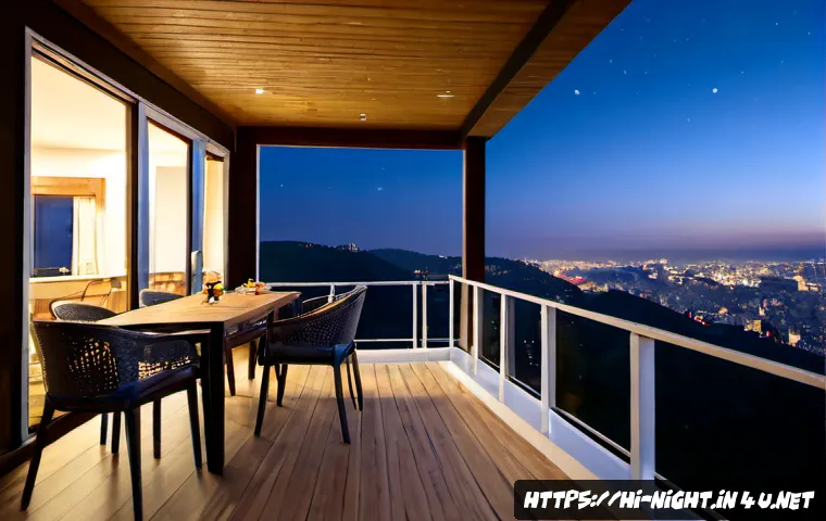 야경이 좋은 펜션 - Photorealistic hillside pension cabin with a private wooden terrace overlooking a sparkling city sky...