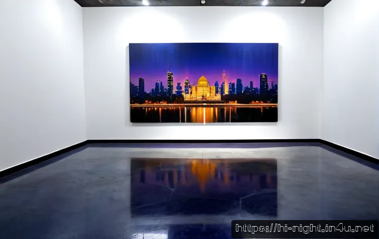 Home 17 야경을 표현한 현대 예술작품 - Photorealistic contemporary art gallery at night, a large abstract painting inspired by a glowing ci...