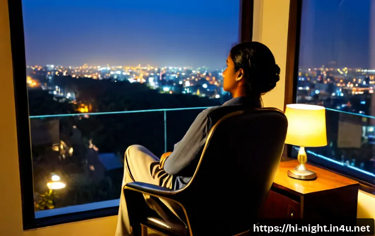 Home 17 야경과 심리적 안정감 - Photorealistic quiet evening scene in a modern apartment in India, a calm adult sitting comfortably ...