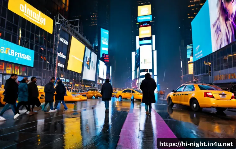 Home 17 뉴욕 타임스퀘어 야경 - Photorealistic night view of Times Square, New York City, wide street-level composition with towerin...